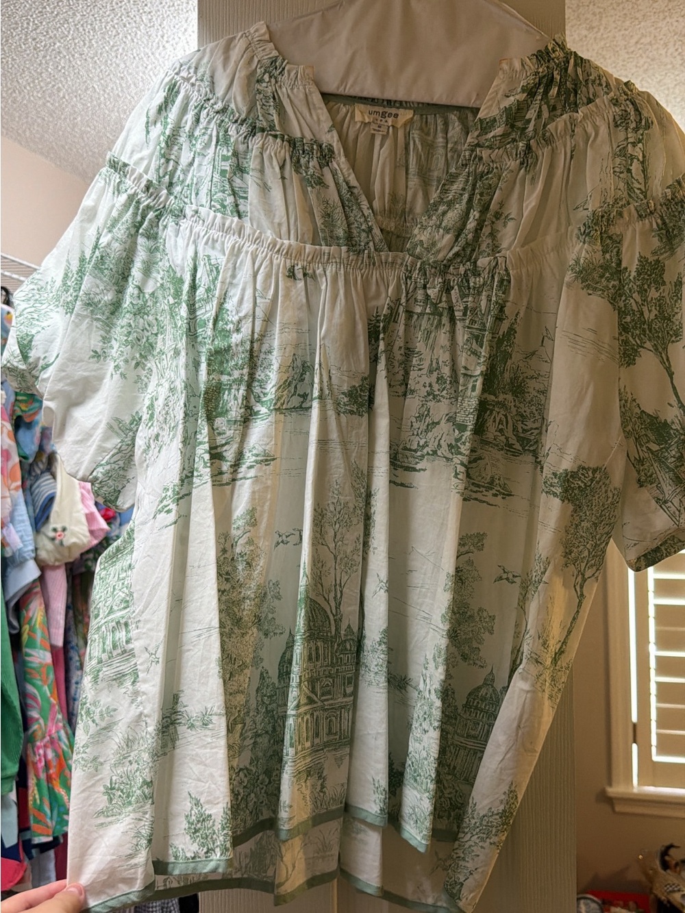 Umgee White Blouse with Green Scenic Print Peasant Top